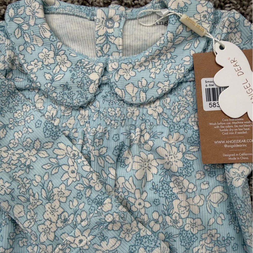 NWT Angel Dear Smocked Peter Pan Footie Blue Meadow Floral 6-9M - Picture 6 of 8